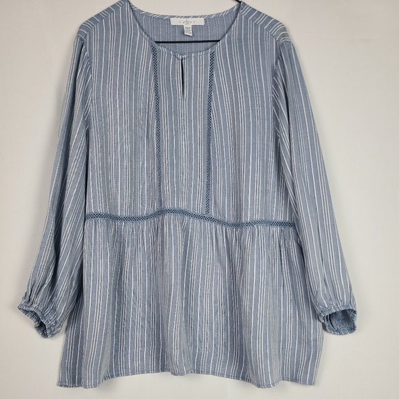 MSRP $50 Fever Smocked Long Sleeve Blouse Blue White Crochet pin stripe Sz XL - Picture 1 of 8